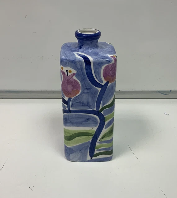 Hand Painted 1970s Ceramic Floral Square vase