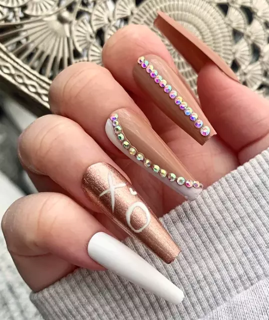 Nude Diamante Kiss False Press On XL Ballerina Nails Set