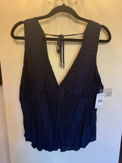 Free People Navy Tank Top With Embroidered Details & Tie Open Back LG