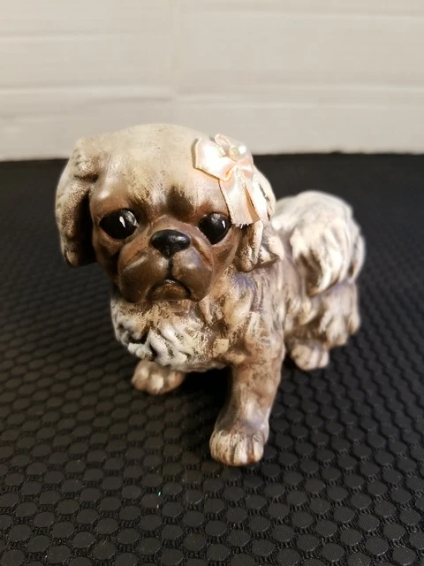Vintage JAPAN PEKINESE DOG Ceramic Figurine Brown White Pink bow hand painted
