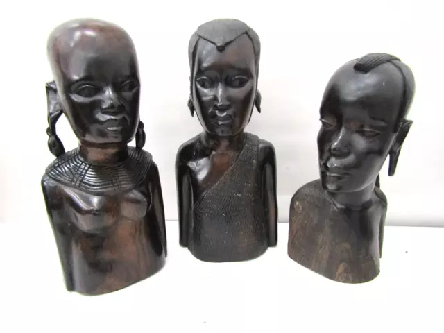 VTG Wooden African Trible Ebony Wood Carved Men and Woman Sculptures 8.75" - 10"
