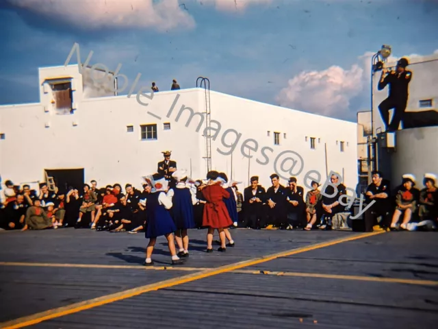 1955 Girls Flag Dance US Aircraft Carrier Sailors Nagasaki Kodachrome 35mm Slide