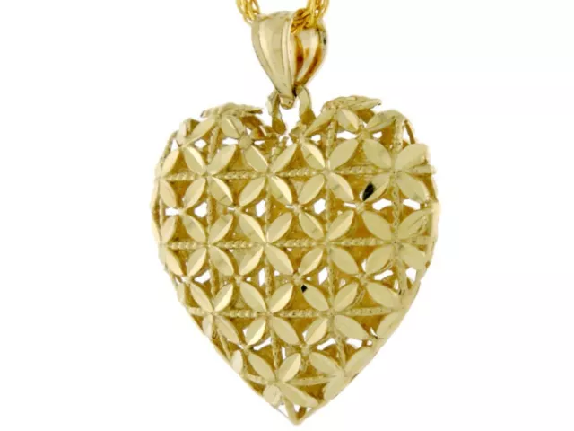 10k or 14k Solid Gold Diamond Cut Puffed Heart Charm Pendant 2