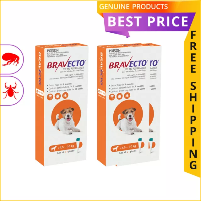 BRAVECTO Spot-On for Dogs 4.5 to 10 Kg Flea Tick Prevention 1,2 Doses ORANGE