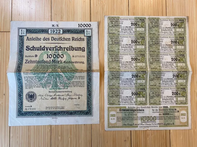 Anleihe des Deutfchen Reichs Schuldverfchreibung - 10,000 German Mark Bond 1922