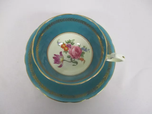 AYNSLEY TEAL TEA CUP & SAUCER with FLOWERS