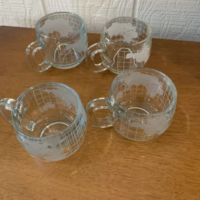 Vintage 1970s Nestle Nescafé World Globe Glass Mugs Set Of 4 Clear Frosted 3