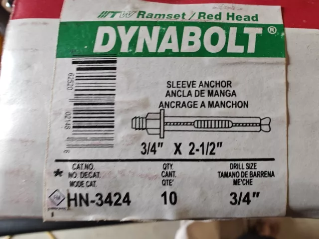 Red Head Dynabolt HN-3424 Concrete  Sleeve Anchor 3/4" x 2-1/2" (10 Pack)
