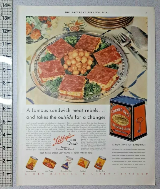 1931 Libby's Corned Beef Vintage Print Ad Famous Canned Sandwich Meat Snack Tray