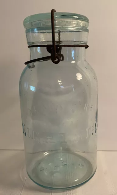 VINTAGE BLUE/GREEN QUART LIGHTNING PUTNAM FRUIT CANING JAR  w/lid Rusty Bale