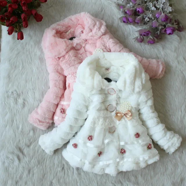 Baby Girl Faux Fur Coat Toddler Pearl Outwear Warm Fleece Winter Jacket Snowsuit