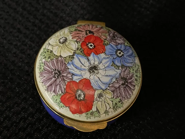 Crummles Enamel Trinket Box ~ " FLORAL MULTI COLOR" ~ England  Round 1 3/4"