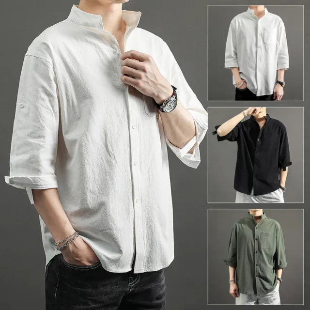 Mens Summer Linen Shirts Short Sleeve T-Shirt Casual Loose Hawaiian Blouse Tops