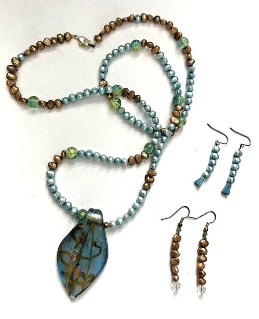 SET Dichroic Glass Pendant, 28" on Pearl Necklace w/2 Pair Matching Earring NOS
