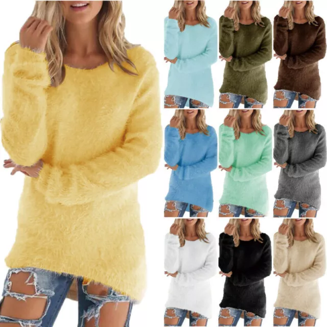 Damen Plüsch Langarm Pullover Warm Winter Strickpullover Sweater Pulli Oberteile