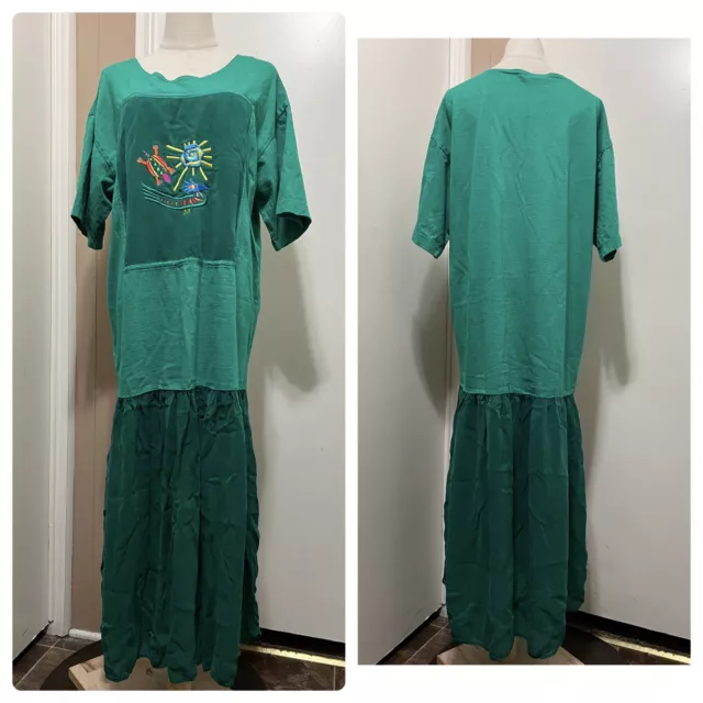 Johnny Was TShirt Maxi Dress Womens Large Green Embroidered Turtle Vintage 90s