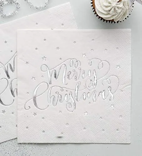 Silver Foiled Merry Christmas Napkins | Festive Party Tableware x20