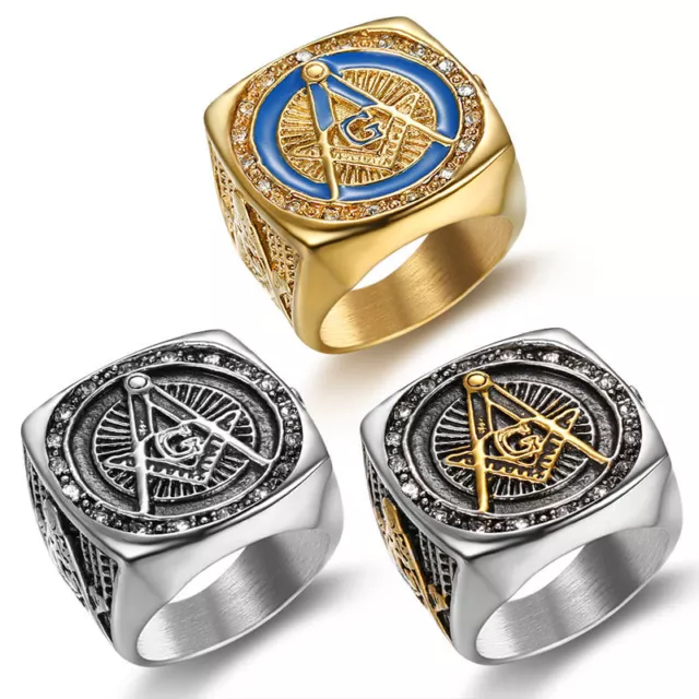 Masonic Ring Freemason Men's Stainless Steel Crystal Gold Mason G Pillar Cross 2