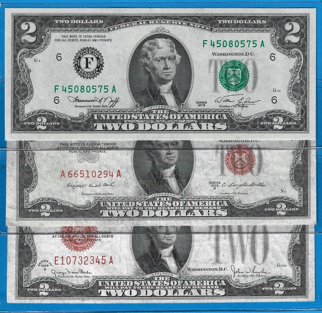 1928/1953/1976 $2 USN/FRN Legal Tender 3) Notes,Red/Green Seal,Circ VF/UNC,Nice!