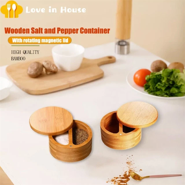 Contenedor compacto de madera de sal y pimienta caja magnética de especias con tapa giratoria