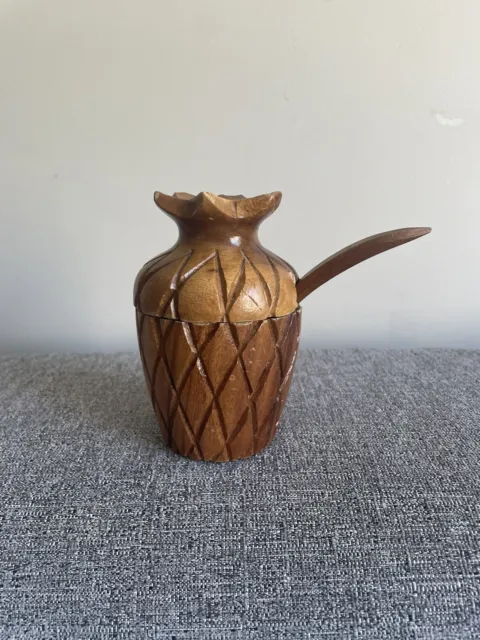 Vintage Hand Carved Wooden Pineapple Sugar Bowl With Lid And Spoon VGC