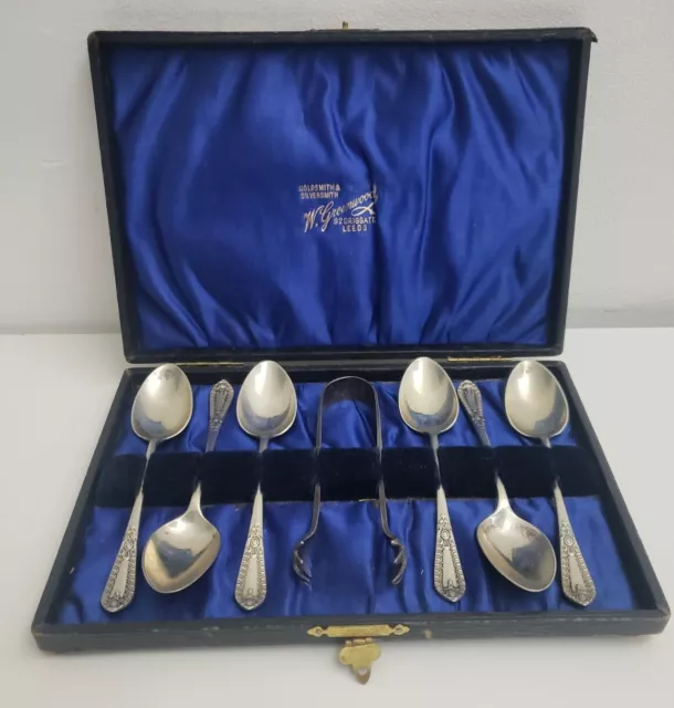 Silverplated W. Greenwood  Goldsmith & Silversmith 6 Teaspoons & Sugar Tongs Set