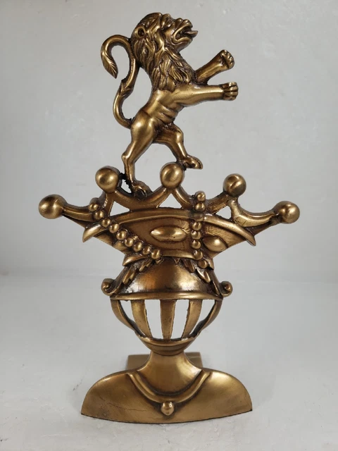 Single Detailed Tall Brass Bookend Lion, Crown, Knight Coat of Arms