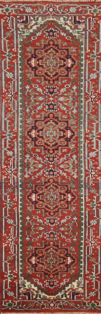 Hand-Knotted Wool Heriz Serapi Indian Narrow Runner Rug Hallway Carpet 2x10