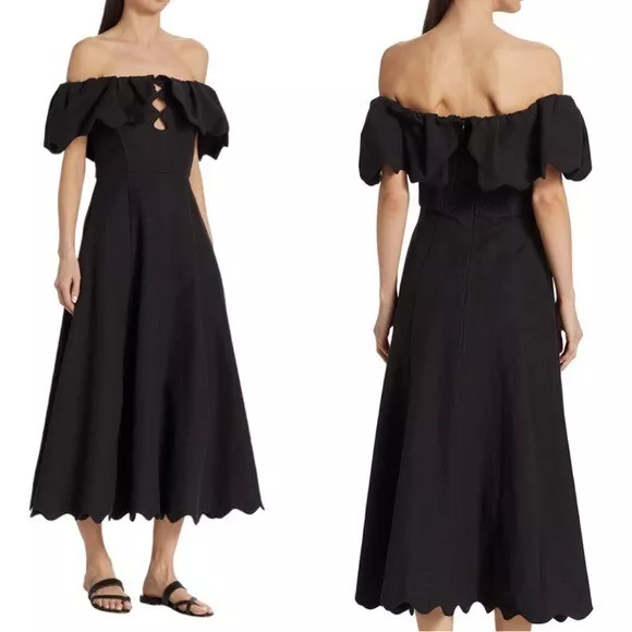 NWT Sea New York Leona Cotton Scalloped Midi Dress Cut Outs Black 10 Retail $445