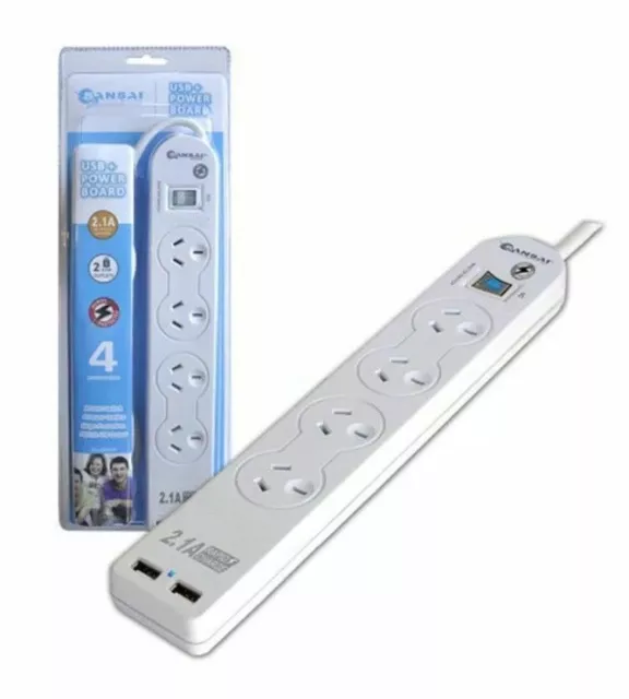 Sansai 4-Way Power Board w/2.1A USB Charger Outlet Surge Protected Lead/Cord 10A