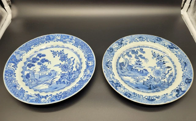 Antique Chinese 18th Century Plates Blue / White Porcelain A Pair