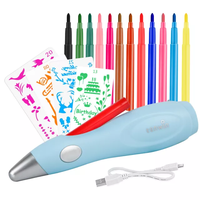 Electric Airbrush-Stift für Kinder 12 Stifte 4 Schablonen Akku Elektrisch USB