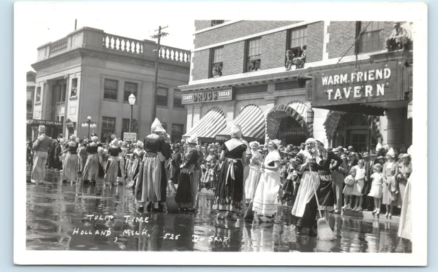 POSTCARD RPPC Tulip Time Holland Michigan Women with Brooms Warm Friend Tavern