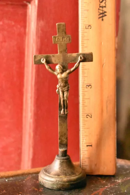 1800'S Sm  5" Antique Altar Cross Bronze Crucifix
