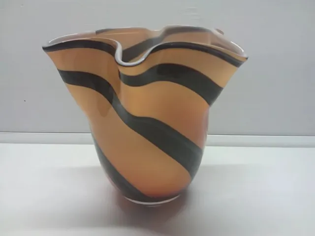 Vintage Tiger Striped Wavy Vase Hand Blown Art Glass Gorgeous