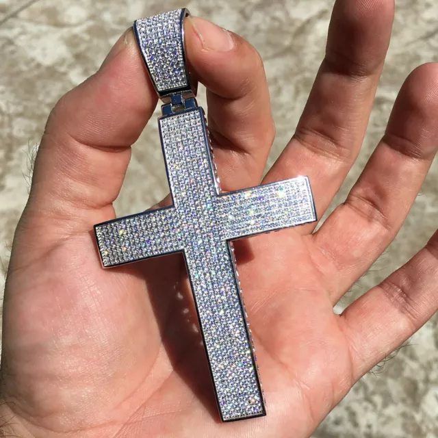 925 Sterling Silver Cross Big Pendentif Iced Out Simulé Diamant Charme Cadeaux