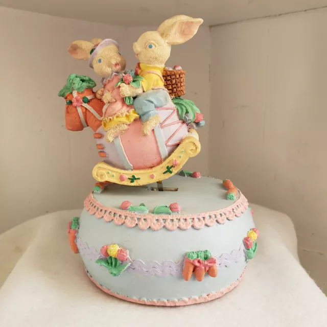 Easter Bunny Couple Music Box Figurine Plays Easter Parade Rocking Movement 6 in