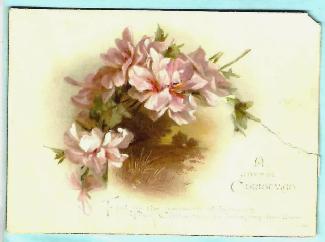 1887? Antique Victorian Xmas Card Pink Flowers Floral Rural Scene Blessing Poem