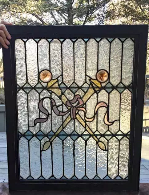 Antique STAINED LEADED GLASS WINDOW - RIBBONS, RONDELS, TORCHES