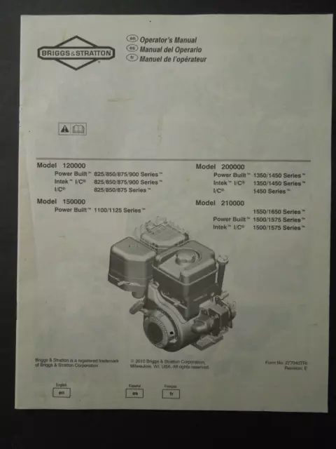 2010 BRIGGS & STRATTON Small Engine Operator's Manual (Various Models)