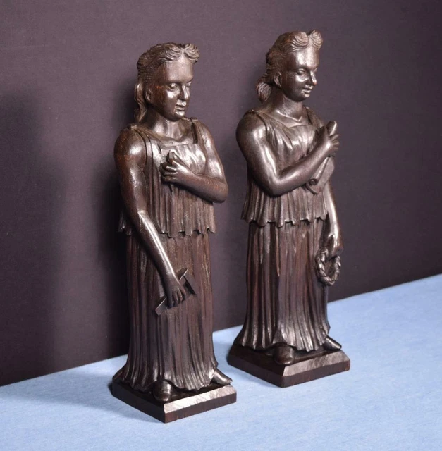 *13" Pair of French Antique Hand Carved Figures in Solid Oak