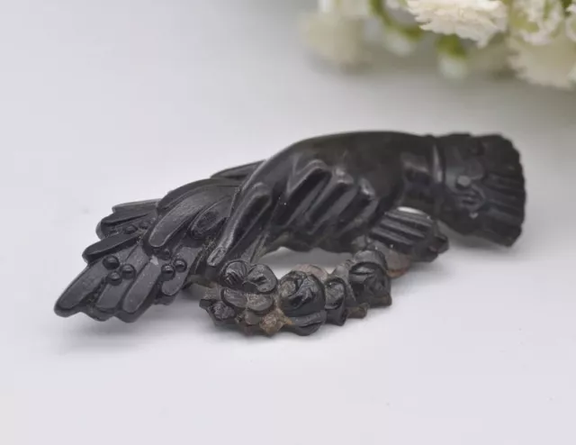 Victorian Jet Mourning Hand Brooch - Floral / Wreath / Antique / Pin / Detailed