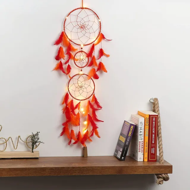 Atrapasueños plumas naranjas y rojas con luces colgantes de pared artesanías decoración del hogar