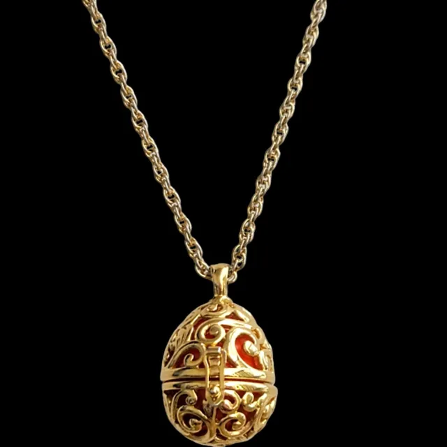 Joan Rivers Signed Faberge Egg Inspired Locket Pendant Necklace Gold Tone 30"