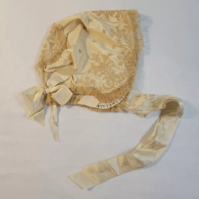 Stunning Rare French Antique Baby Bonnet Champagne Silk & Lace Embroidered 1920s