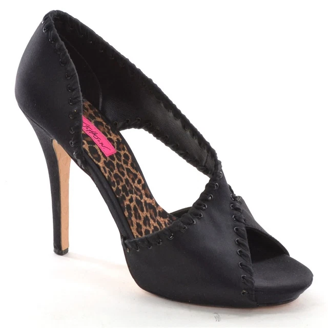 Ladies Betsey Johnson Platform Peep Toe Pumps 10 M Black Satin High Heels Shoes