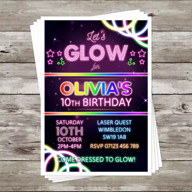 Personalised Neon Glow Dance Birthday Invitations Party Invites for Laser Rave