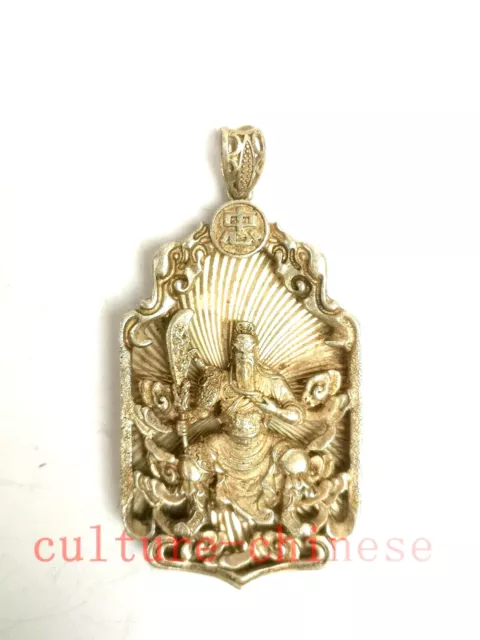 Chinese Tibet Silver Carved Guan Yu Statue necklace Pendant Amulet Collection