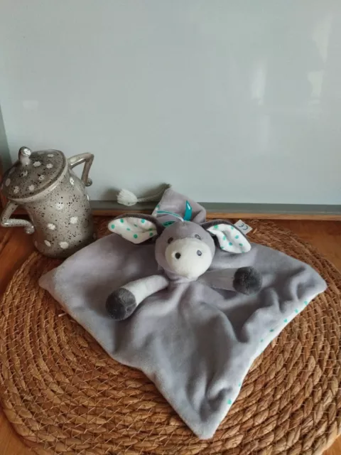 Doudou plat âne cheval gris blanc bleu pois Obaibi état neuf