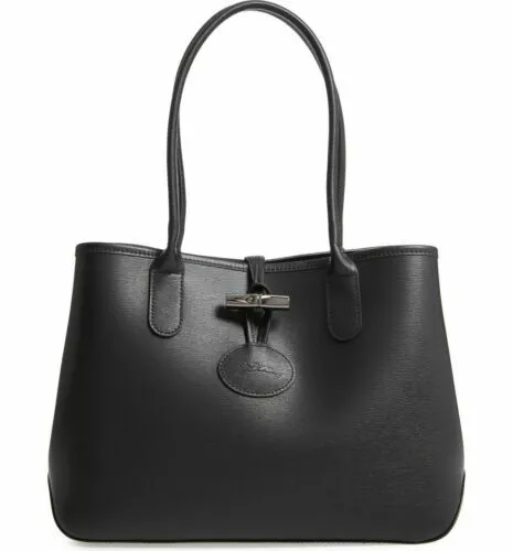NWT LONGCHAMP Roseau Small Leather Shoulder Tote BLACK Gunmetal 100% Authentic!